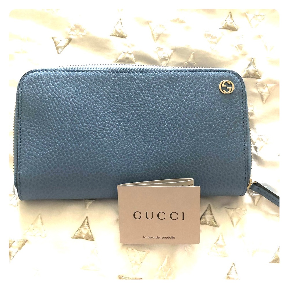GUCCI Dollar Calfskin Zip Around Wallet blue